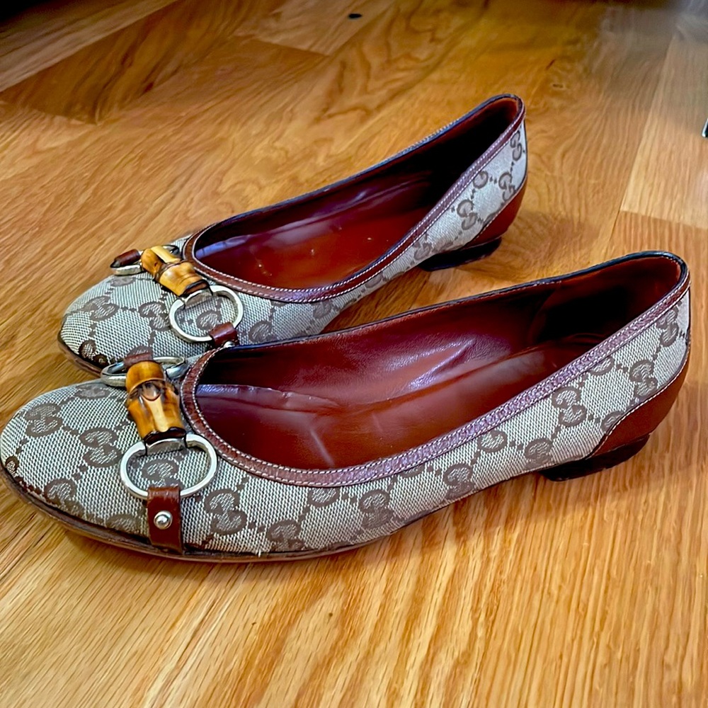Gucci Buckle Horsebit Canvas Leather Ballet Flats
